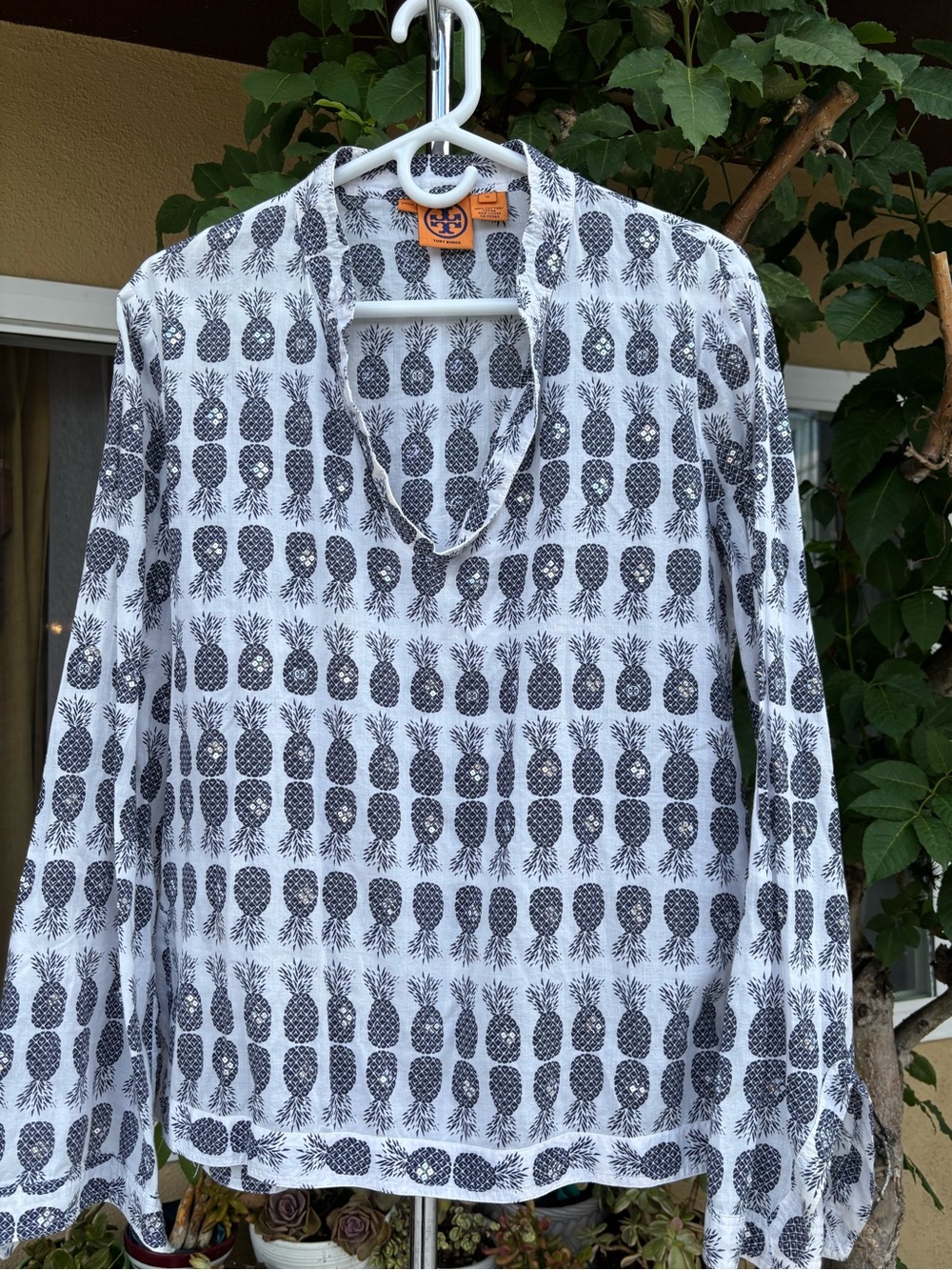 Tory Burch Navy White Pineapple Print Sequins Popover Tunic Top Size 12